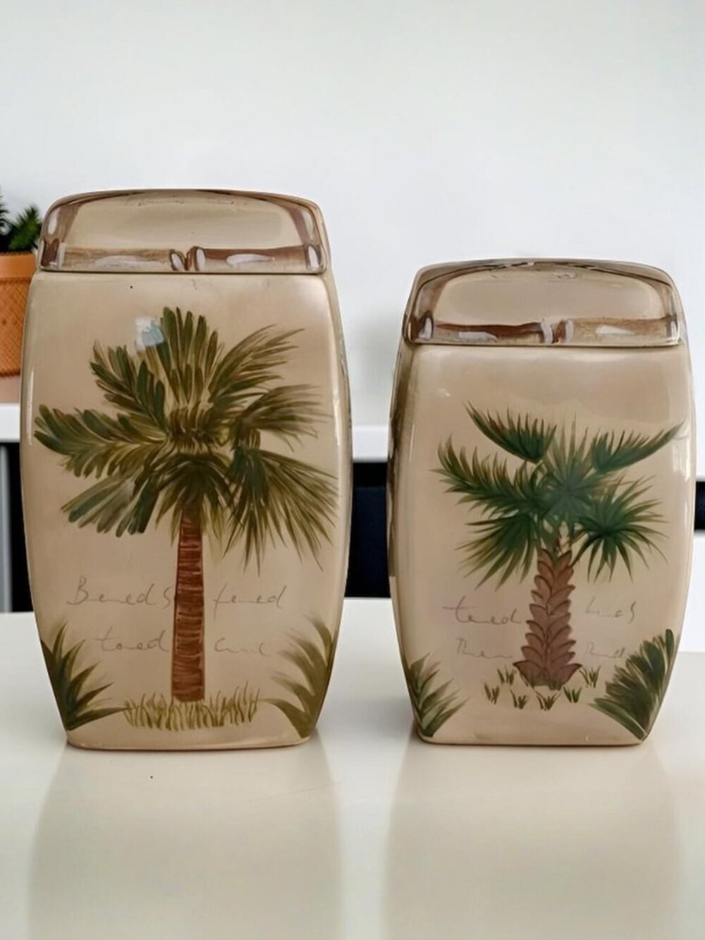 Tabletops Unlimited Bora Bora Palm Tree Ceramic Canisters Set of 2 RETIRED